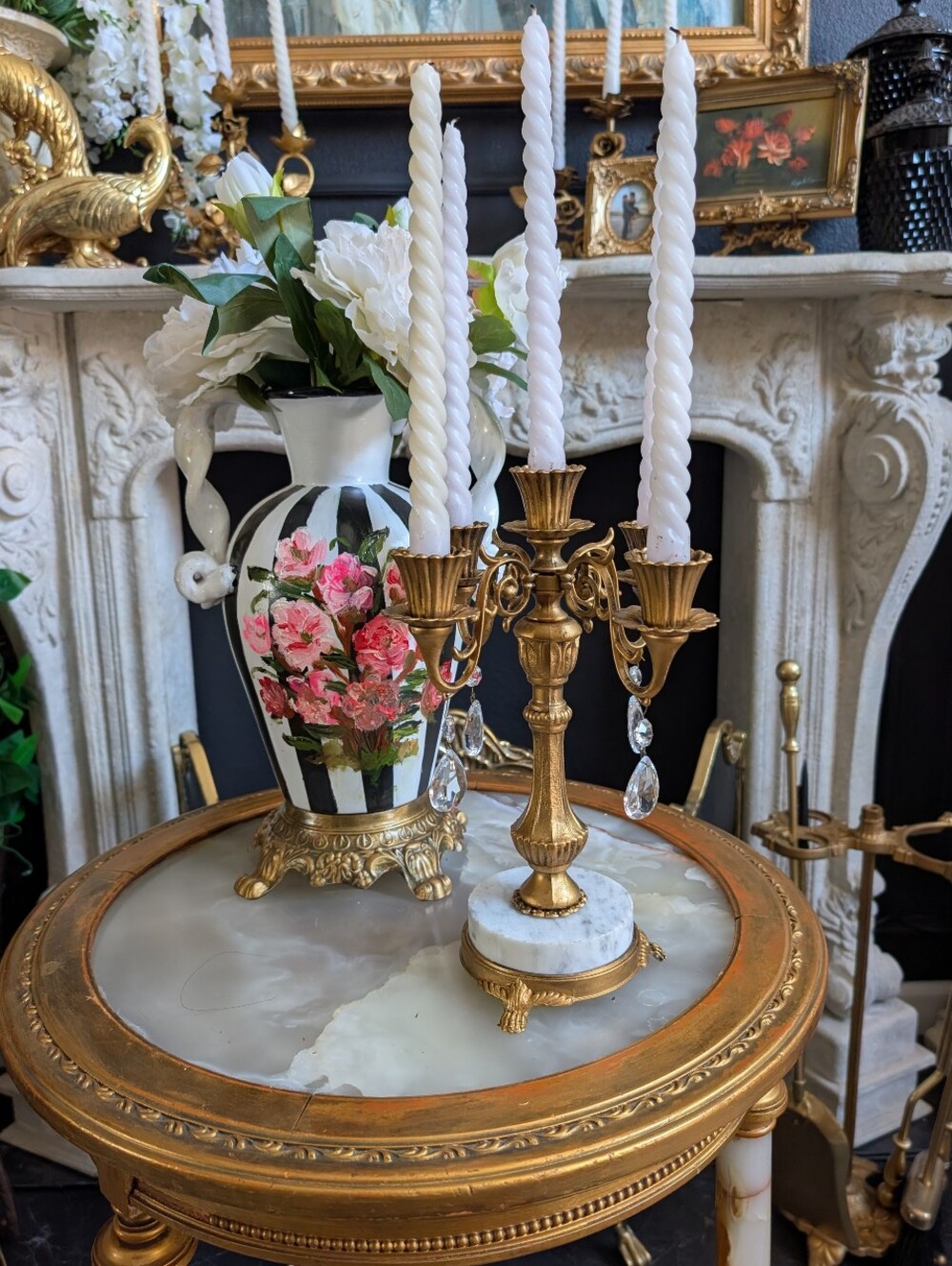 Vintage Antoinette 5-Arm Candelabra, Italian Marble Base Crystals, Claw Feet w/